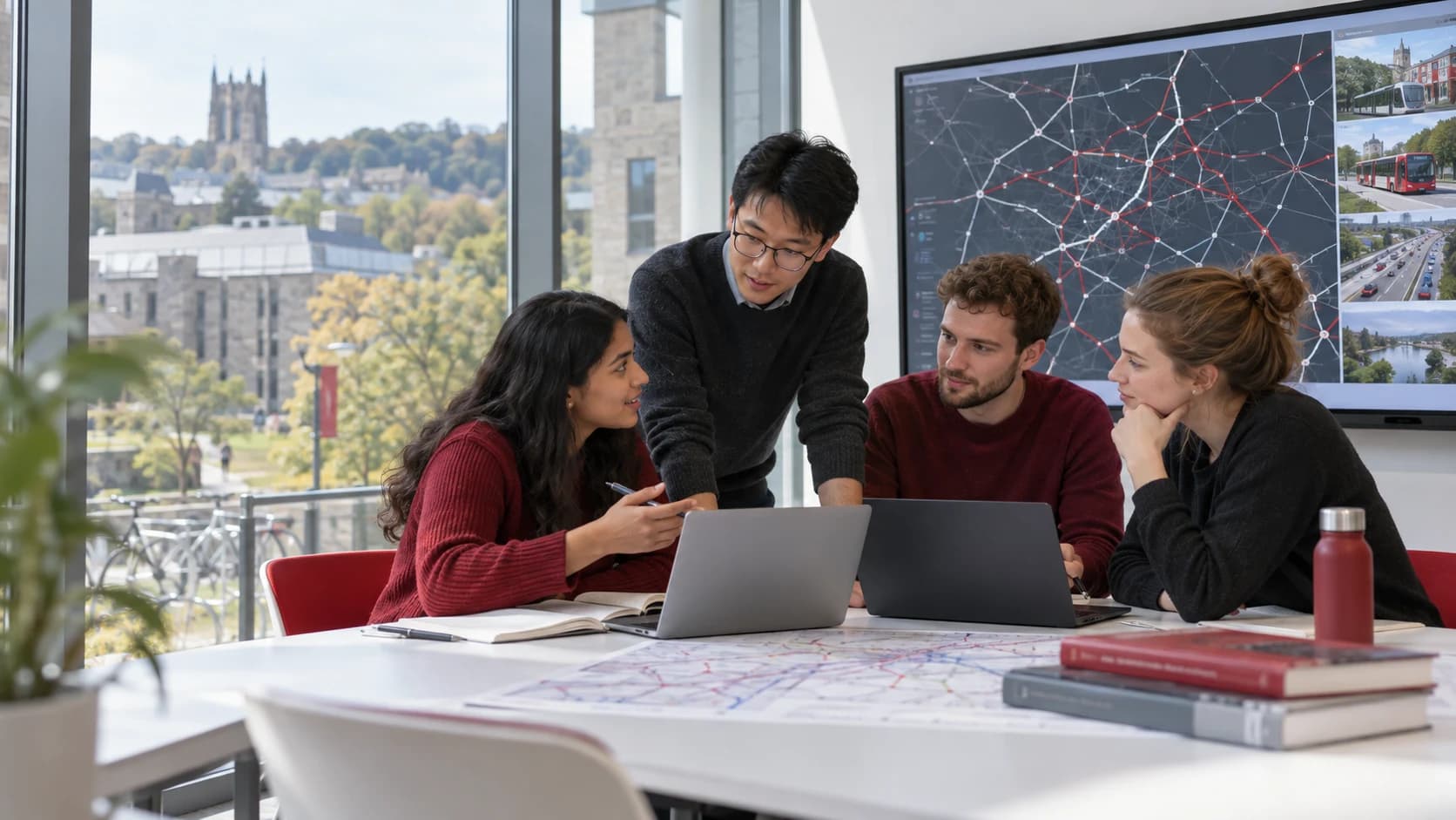 Conceptual editorial image of early-career researchers collaborating on transport network modelling in a university workspace
